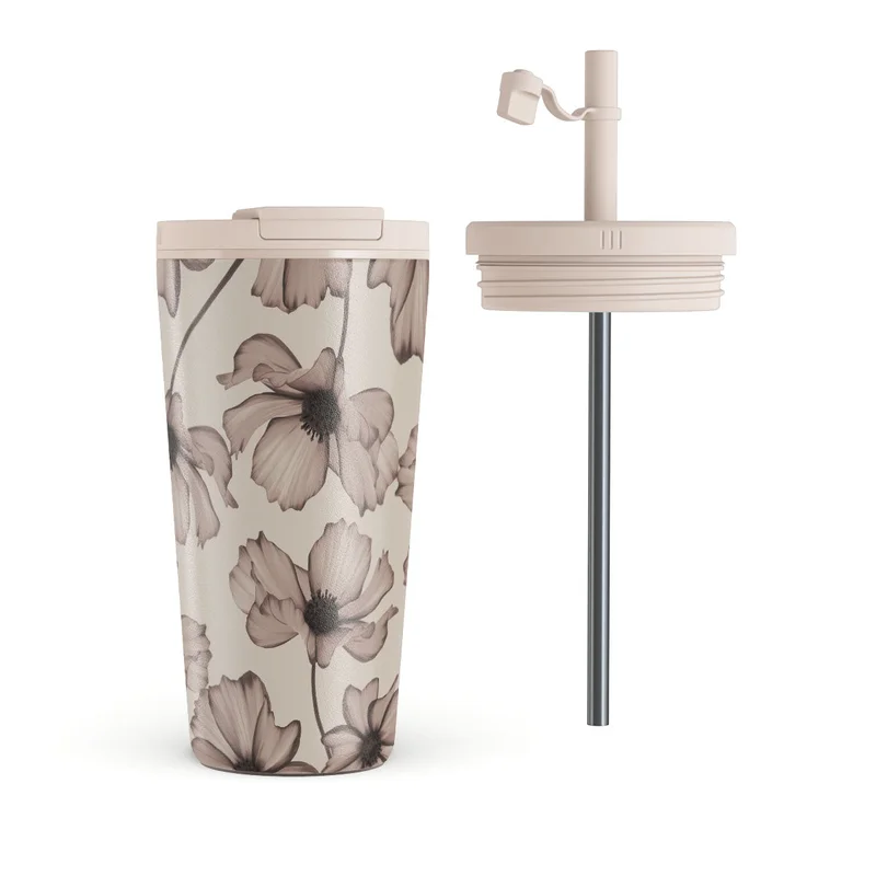 بورجا طقم كوب سفر بورجا  مل بغطاء قلاب وماصة - ستانلس ستيل خالٍ من البيسفينول، عزل ثلاثي الطبقات، مقاوم للتسرب، تصميم مطبوع فاخر للمشروبات الساخنة والباردة